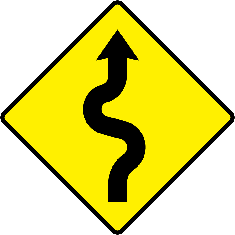A triangular warning traffic sign in Ireland depicting series of sharp bends - right. Memorize for DTT.