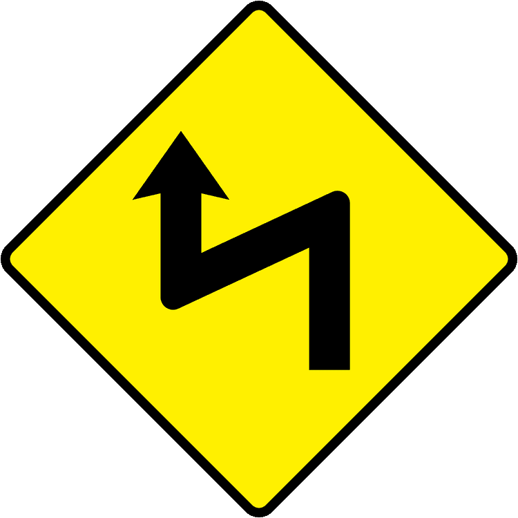 Irish Warning Sign: Series of Sharp Corners - Left - Driving Theory Test Prep A triangular warning traffic sign in Ireland depicting series of sharp corners - left. Memorize for DTT.