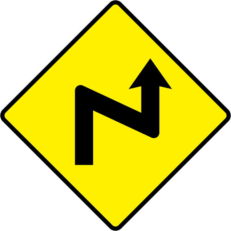 A triangular warning traffic sign in Ireland depicting series of sharp corners - right. Memorize for DTT.