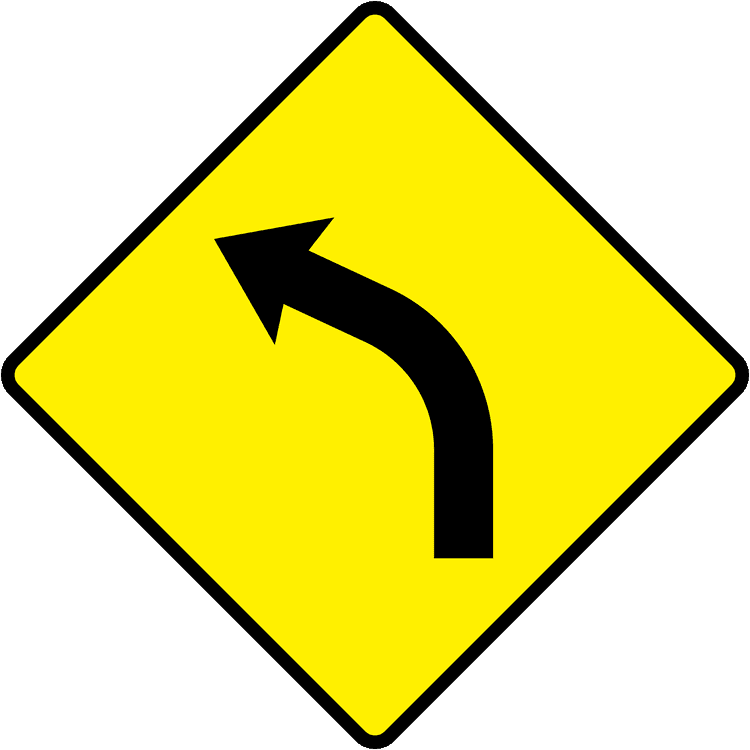 A triangular warning traffic sign in Ireland depicting sharp bend - left. Memorize for DTT.