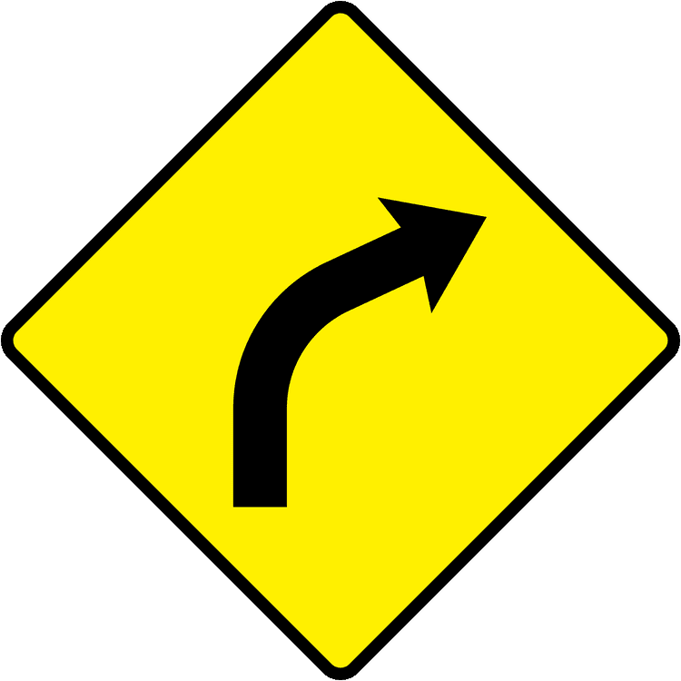 Irish Warning Sign: Sharp Bend - Right - Driving Theory Test Prep A triangular warning traffic sign in Ireland depicting sharp bend - right. Memorize for DTT.
