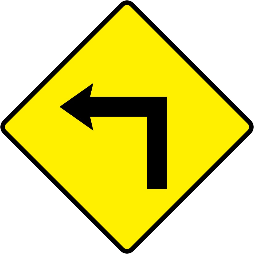 A triangular warning traffic sign in Ireland depicting sharp corner - left. Memorize for DTT.