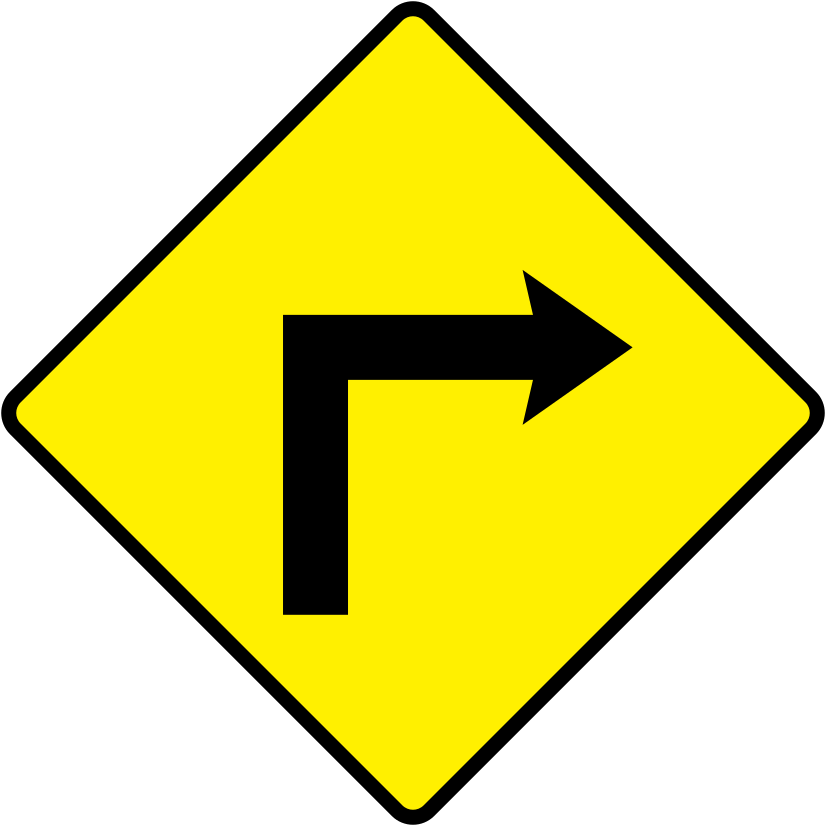 A triangular warning traffic sign in Ireland depicting sharp corner - right. Memorize for DTT.