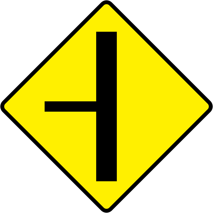 Irish Warning Sign: Side Road - Left - Driving Theory Test Prep A triangular warning traffic sign in Ireland depicting side road - left. Memorize for DTT.