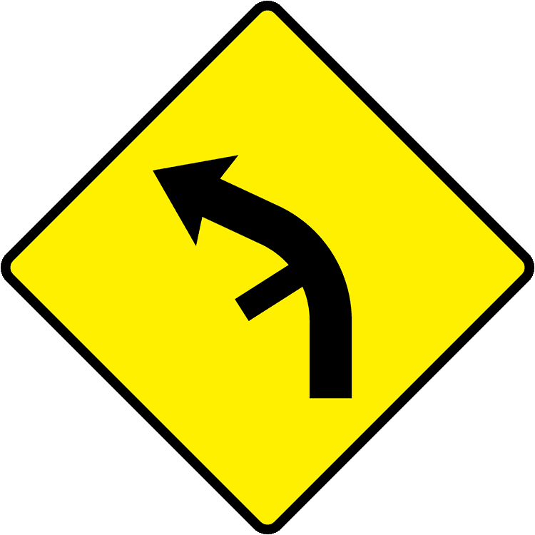 A triangular warning traffic sign in Ireland depicting side road on inside of bend - left. Memorize for DTT.