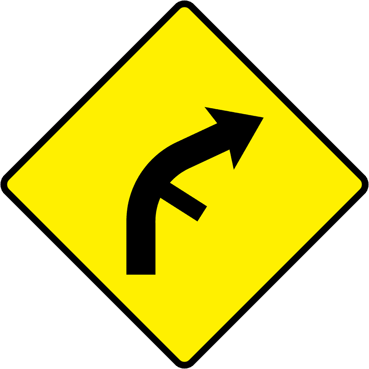 A triangular warning traffic sign in Ireland depicting side road on inside of bend - right. Memorize for DTT.