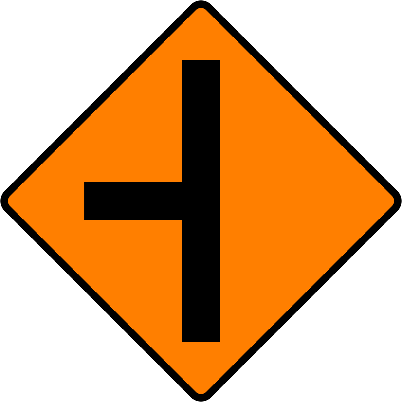 A common road sign in Ireland for side road on left. Driving Theory Test revision.