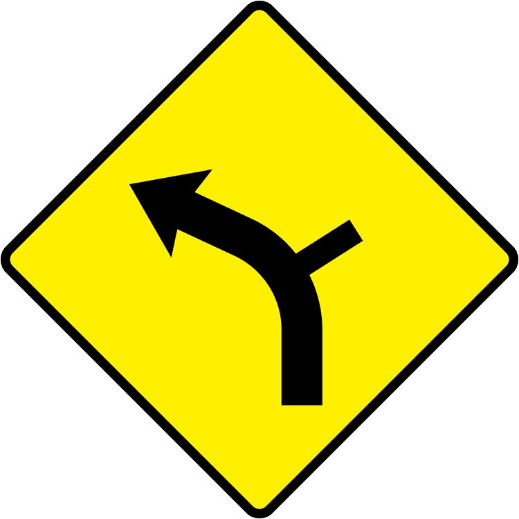 A triangular warning traffic sign in Ireland depicting side road on outside of bend - left. Memorize for DTT.