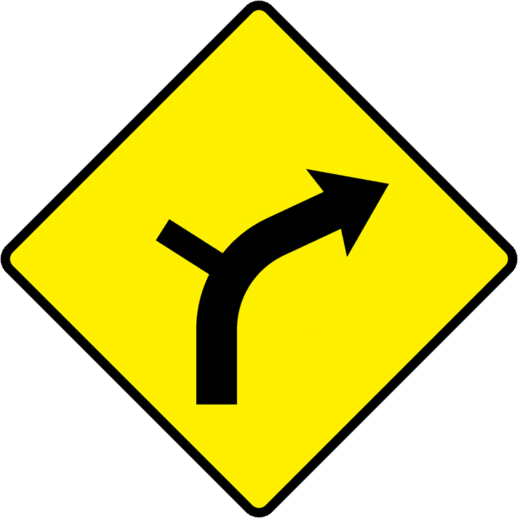 A triangular warning traffic sign in Ireland depicting side road on outside of bend - right. Memorize for DTT.