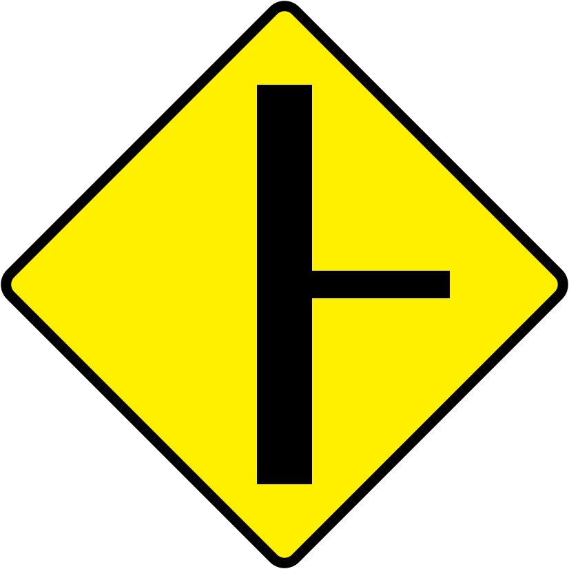 A triangular warning traffic sign in Ireland depicting side road - right. Memorize for DTT.