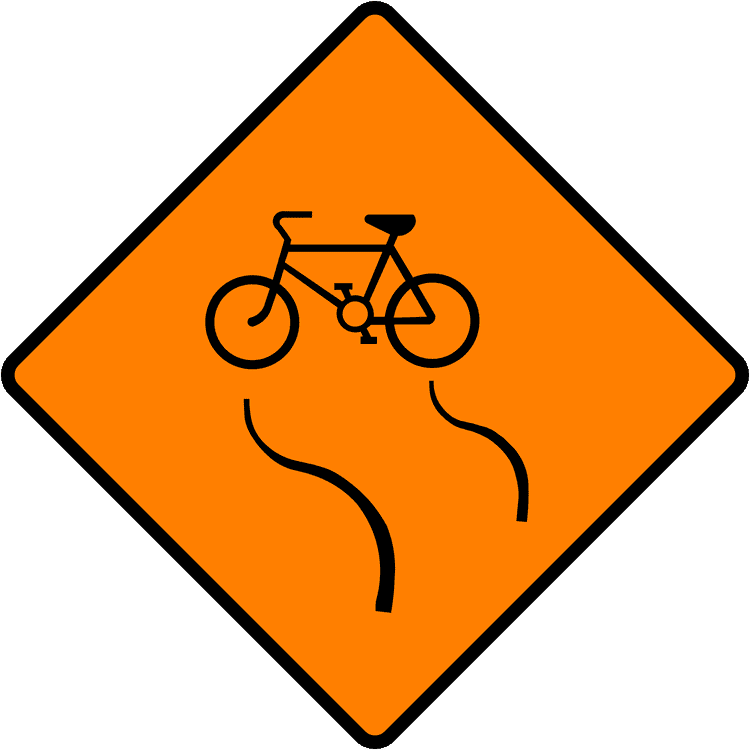 A triangular warning traffic sign in Ireland depicting slippery for cyclists. Memorize for DTT.