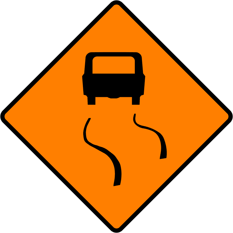 A triangular warning traffic sign in Ireland depicting slippery road. Memorize for DTT.