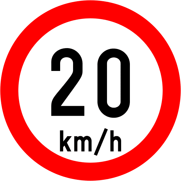 Ireland Regulatory Sign: Speed Limit 20 km (DTT Rules) A regulatory road sign in Ireland enforcing speed limit 20 km. Essential for the Driving Theory Test.