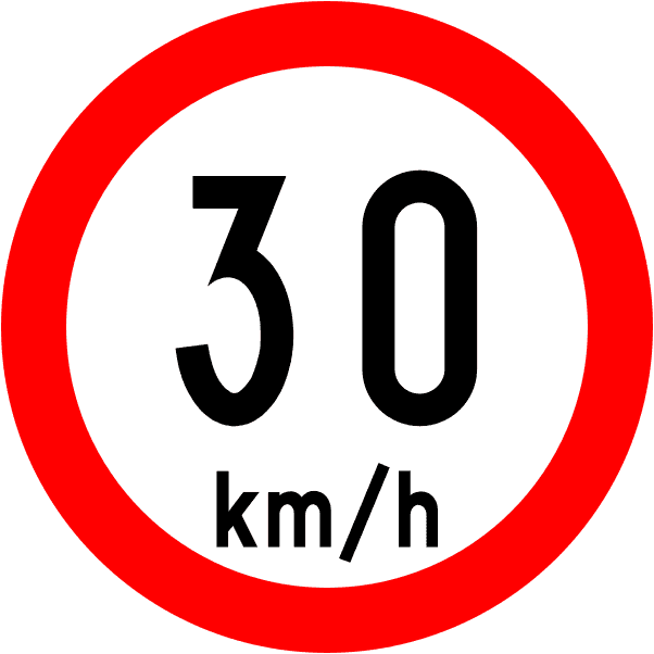 A regulatory road sign in Ireland enforcing speed limit 30 km. Essential for the Driving Theory Test.