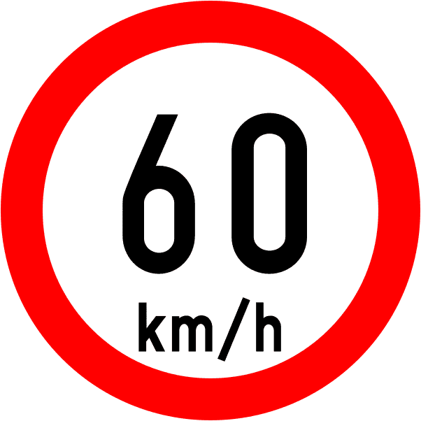 A regulatory road sign in Ireland enforcing speed limit 60 km. Essential for the Driving Theory Test.