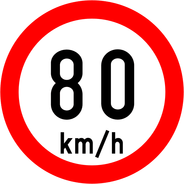 A regulatory road sign in Ireland enforcing speed limit 80 km. Essential for the Driving Theory Test.