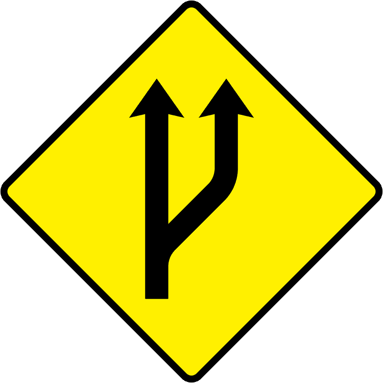 A triangular warning traffic sign in Ireland depicting start of passing lane. Memorize for DTT.