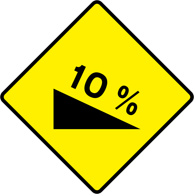 Irish Warning Sign: Steep Descent - Driving Theory Test Prep A triangular warning traffic sign in Ireland depicting steep descent. Memorize for DTT.
