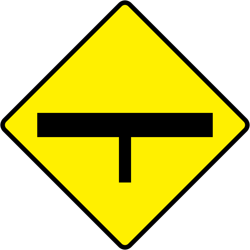 A triangular warning traffic sign in Ireland depicting t junction (major road) ahead. Memorize for DTT.