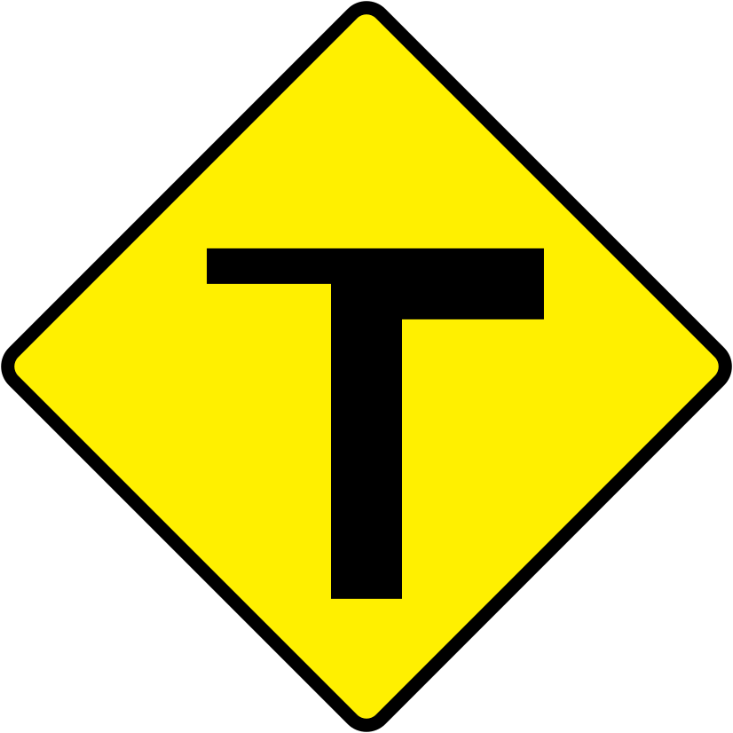 A triangular warning traffic sign in Ireland depicting t-junction (type 1) - left. Memorize for DTT.