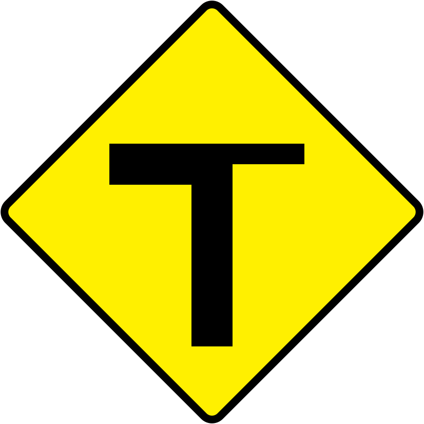 A triangular warning traffic sign in Ireland depicting t-junction (type 1) - right. Memorize for DTT.