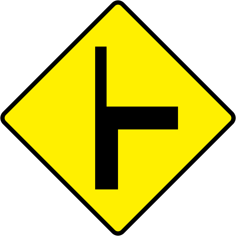 A triangular warning traffic sign in Ireland depicting t-junction (type 2) - left. Memorize for DTT.