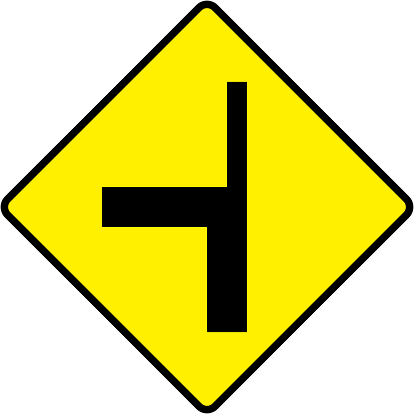A triangular warning traffic sign in Ireland depicting t-junction (type 2) - right. Memorize for DTT.