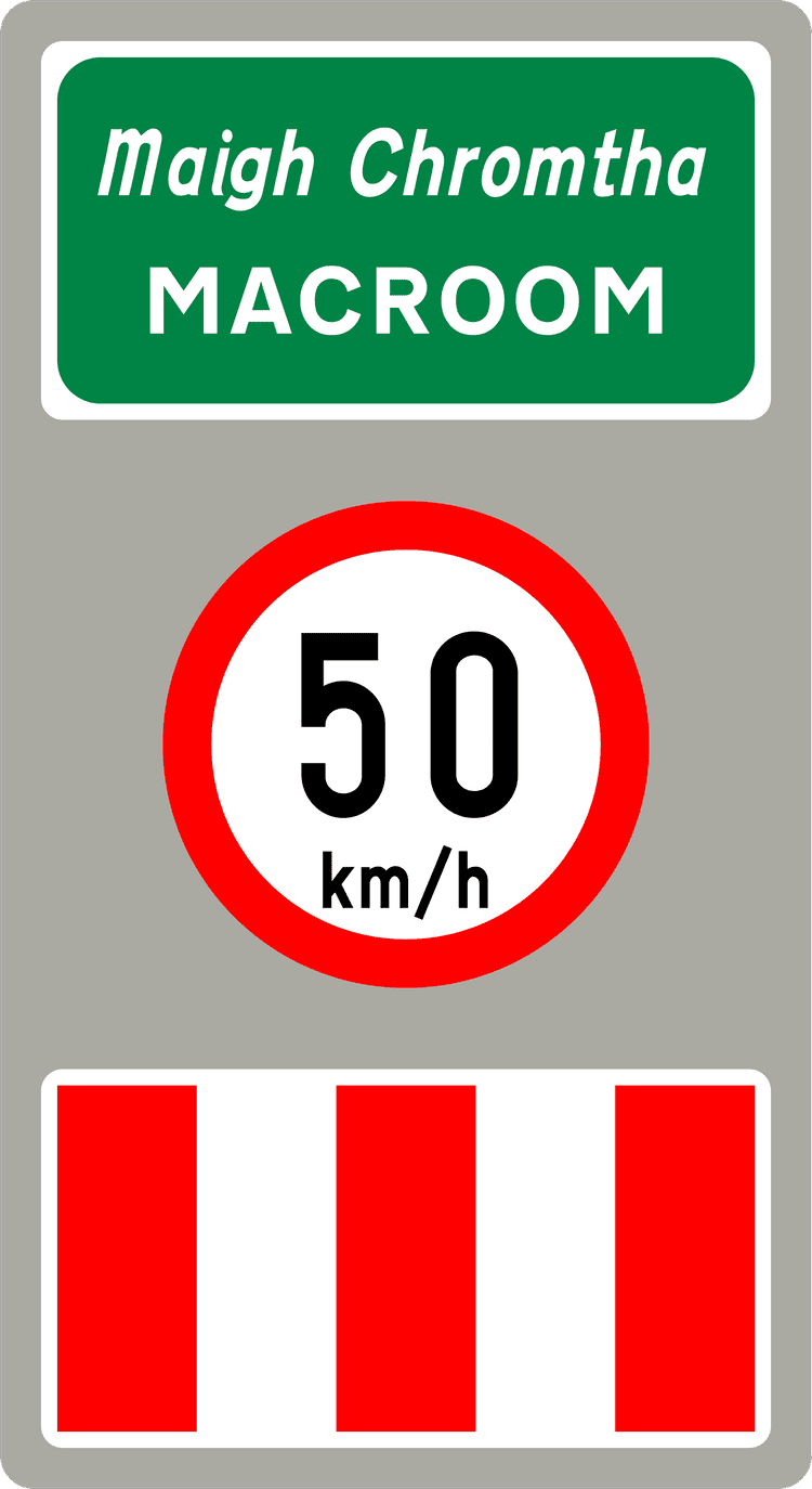 A common road sign in Ireland for town name and speed limit sign. Driving Theory Test revision.