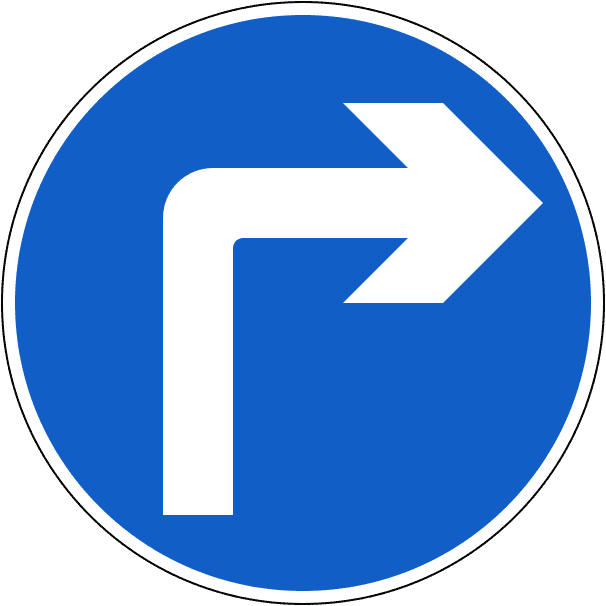 A regulatory road sign in Ireland enforcing turn right ahead. Essential for the Driving Theory Test.