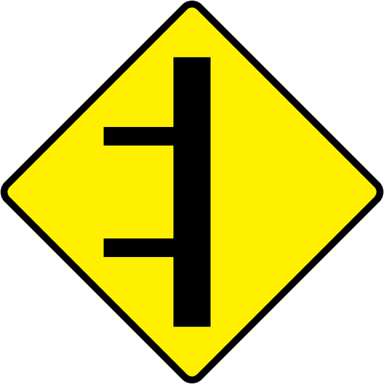 Irish Warning Sign: Two Junctions on Left - Driving Theory Test Prep A triangular warning traffic sign in Ireland depicting two junctions on left. Memorize for DTT.