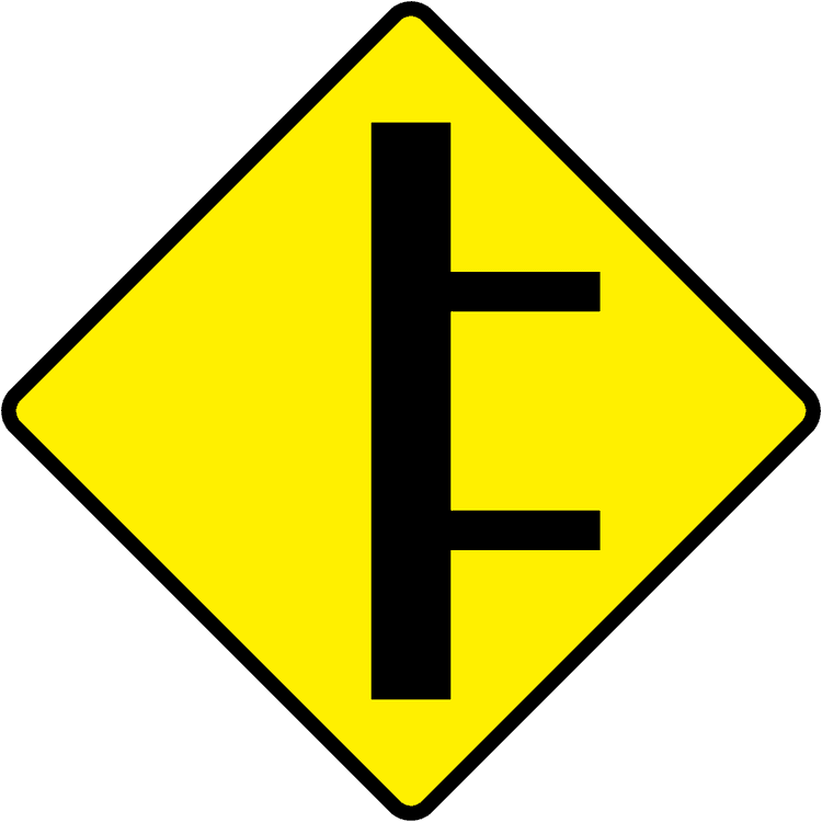A triangular warning traffic sign in Ireland depicting two junctions on right. Memorize for DTT.