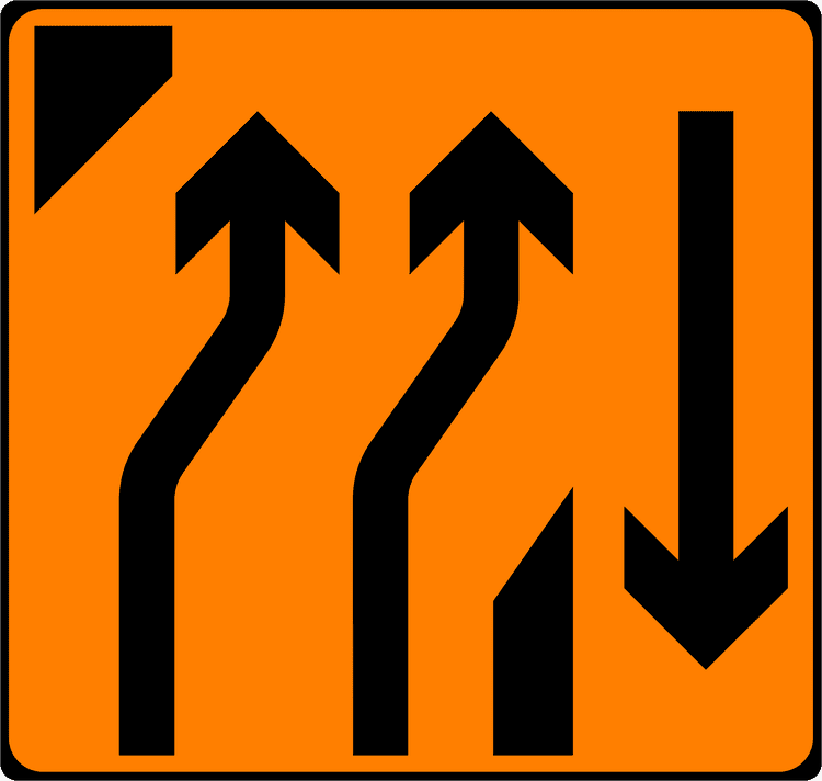 A common road sign in Ireland for two-lane crossover (out). Driving Theory Test revision.