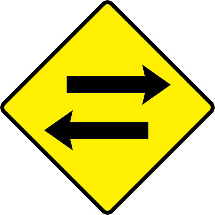 A triangular warning traffic sign in Ireland depicting two-way traffic crossing. Memorize for DTT.