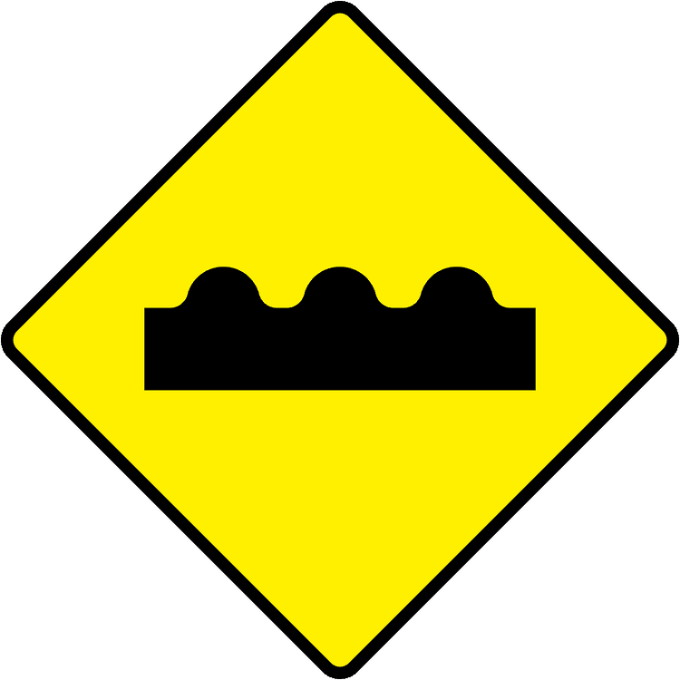 A triangular warning traffic sign in Ireland depicting uneven road. Memorize for DTT.