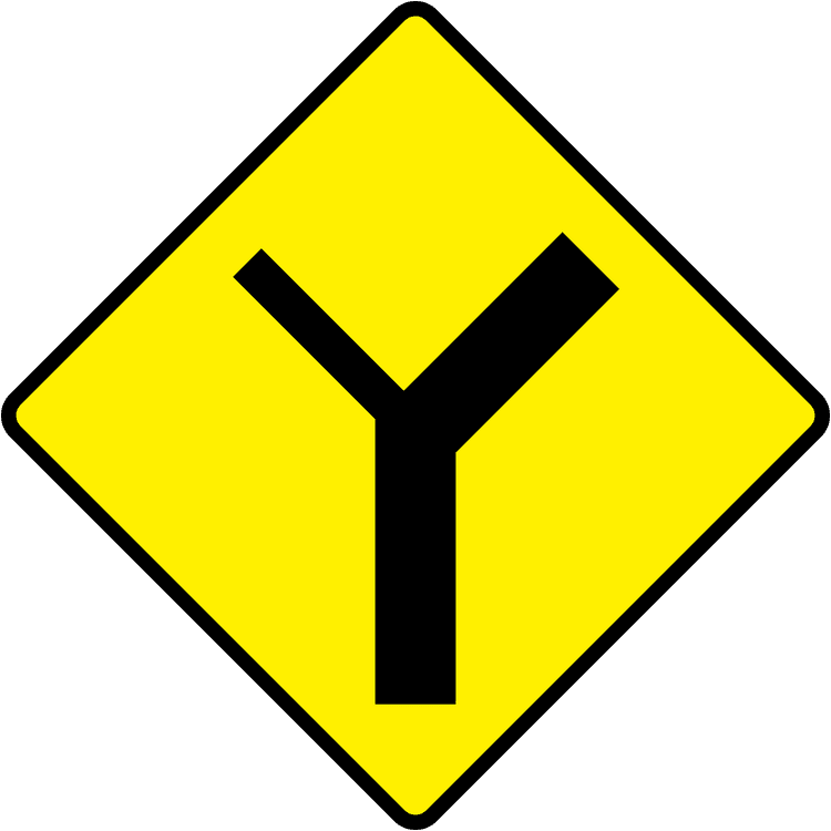A triangular warning traffic sign in Ireland depicting y-junction - left. Memorize for DTT.