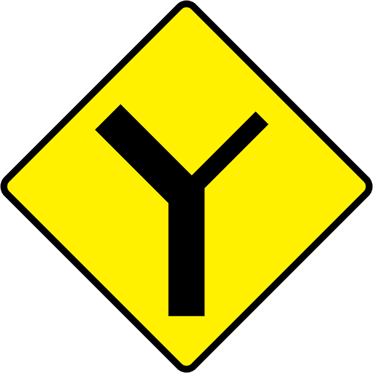 A triangular warning traffic sign in Ireland depicting y-junction- right. Memorize for DTT.